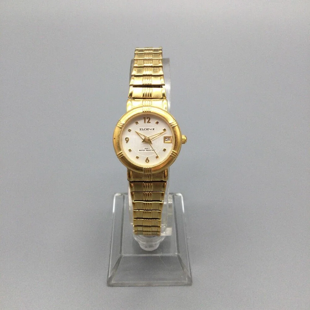 Elgin C1860 Womens Watch 25mm White Dial Gold Tone Expansion Date New Battery